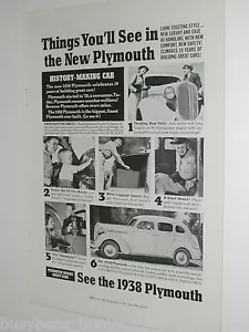 1938 PLYMOUTH advertisement, 6 photos, Chrysler 4-door hardtop, print ad - Picture 1 of 3