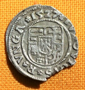 MONETA REGNO UNGHERESE MEDIEVALE LUDOVICUS DENARIO ARGENTO 1527 MADONNA - POSTUMO - Foto 1 di 2