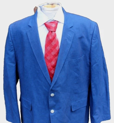 Linea Uomo Blazer Mens 50R Blue Linen Blend  Sport Coat Colorful Paisley Lining - Image 1 of 4