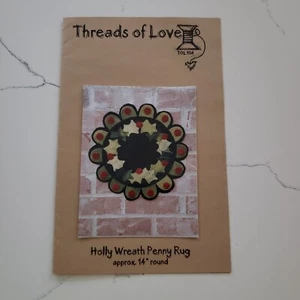Holly Wreath Wool Felt Applique Penny Rug Pattern By Threads of Love - Picture 1 of 3