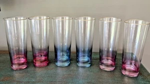 JUEGO MODERNO DE 6 VASOS HIGHBALL IRIDISCENTES ROSA Y AZUL MEDIADOS DE SIGLO ADORNO DORADO - Imagen 1 de 11