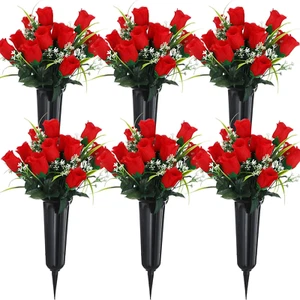 6 Sets Artificial Cemetery Flowers W/Grave Vase 12 Bunches 4Th of July Memorial - Picture 1 of 7