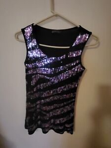 Womens Tank Size M L Black Purple Sequins Stretchy Sleeveless 30 L 16 Across Fro