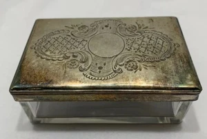antique Silverplated Top Crystal Trinket Dresser Vanity Box Dish 3.5x2.25x1.5” - Picture 1 of 12