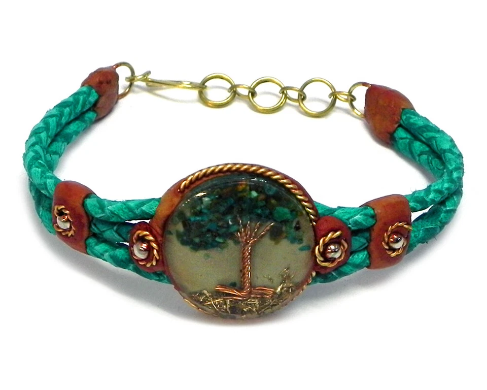 Brazalete de cuero trenzado de cobre piedra astillada árbol de la vida joyería boho hecha a mano Foto 1 de 1