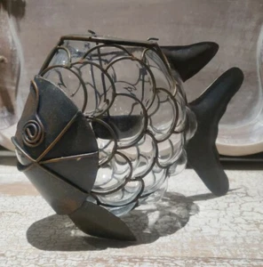 Antiqued Metal Wire & Bubble Clear Glass Fish Candle Holder 6" Tall - Picture 1 of 13