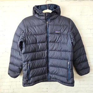 Patagonia Boys Hi-Loft Down Sweater Hoody Coat Size XXL 16 - 18 Navy Blue Puffer - Picture 1 of 13