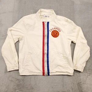Champion Jacket Mens Medium Off White Zip Front Red Blue Stripe Crest Patch - Picture 1 of 17