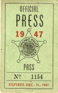 Chicago Police Presseausweis 1947 von John Prendergast an Charles W Payne SIGNIERT - Bild 1 von 4