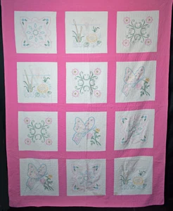 Vintage Floral Embroidered Quilt, 1940's Hand Sewn And Quilted, 83" x 64" - Picture 1 of 12