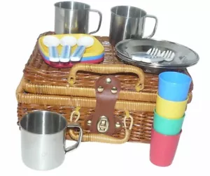 Wicker Picnic Basket Stainless Steel Cups Plates Multi-Color Cups Plates Vtg Kid - Picture 1 of 2
