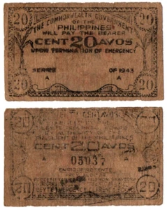 Philippinen 1943 Provinz Leyte 20 Centavos S403 WW2 aus Holzplatte - Bild 1 von 3