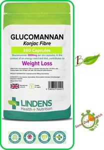 Glucomannan 500mg (360 Cap) High in Fibre (Konjac Fibre) Diet Control LINDENS UK - Picture 1 of 16