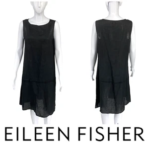 Eileen Fisher Sz M Black Irish Linen Tank Dress BAJO Lagenlook Minimalist - Picture 1 of 8