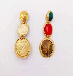 Clip on 3 1/4" large gold green, orange and brown stone dangle earrings - Picture 1 of 5