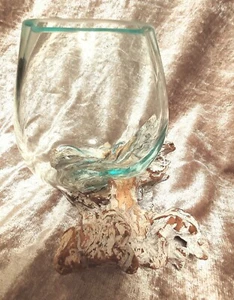 Molten Glass Small Bowl on Whitewash Wood Unique Handmade Gift - Picture 1 of 3