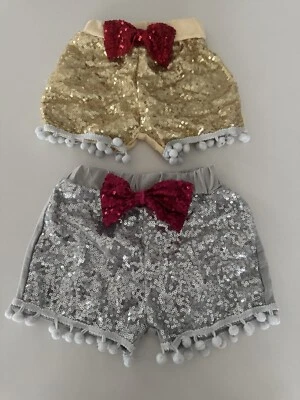 Baby Girl Sequin Shorts gold silver sparkle party bow Size 6-9 M pompoms shorts - Image 1 of 4