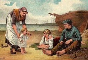 Kaffee-Sammelkarte viktorianisch McLaughlins erste Schritte Familie am Strand & Boot - Bild 1 von 4