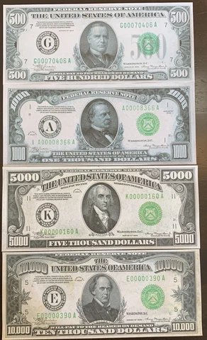 Reproduction Set 1934 Fed Reserve Notes $500 $1000 $5000 $10,000 Copy High Denom Cover