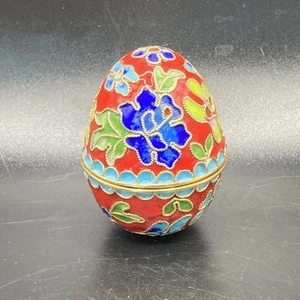 Vintage Cloisonne Small Egg Shaped Trinket Box Robin's Egg Blue Interior 2” Tall - Picture 1 of 11