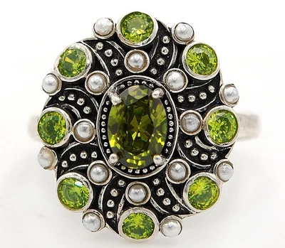 3CT Natural Peridot & Pearl 925 Sterling Silver Vintage Style Ring Sz 7 F4-4 - Image 1 of 2