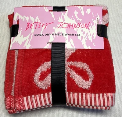 Betsey Johnson  Christmas WASHCLOTHS 12 X 12  QUICK DRY RED BOWS STRIPES NIP - Image 1 of 2
