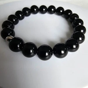 Black Obsidian Gemstone 10mm Round Beads Stretching Men Women Bracelet 7" - Picture 1 of 2
