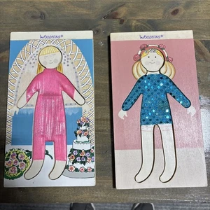 Vintage 90er Set 2 Woodkins Anziehpuppen Holzteller Hochzeit Pamela Drake - Bild 1 von 6