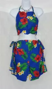BEACH FASHIONS ISLAND SARONG & CROP TOP COPRICOSTUME DA SPIAGGIA BLU CON FIORI ROSSI - Foto 1 di 3