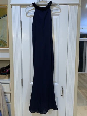 Calvin Klein Evening Gown Navy Blue Long Dress Sequin Collar Sleeveless Lined 4 - Image 1 of 4