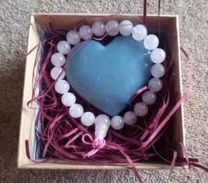Angelite Heart Puff Stone And Rose Quartz Crystal Bracelet,Gemstones, Reiki Heal - Picture 1 of 9
