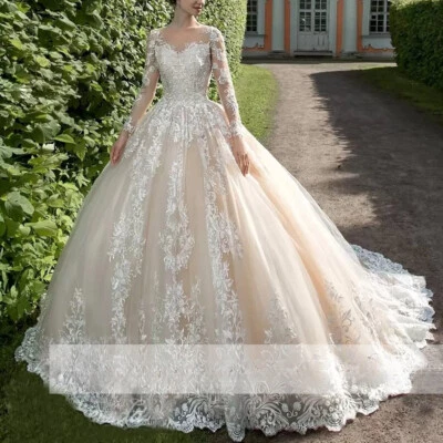 Plus Size Ball Wedding Dresses Long Sleeves O-neck Lace beading Bridal Gowns - Image 1 of 4