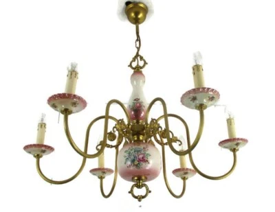 Люстра 6 рычагов огни керамический фарфор розовые цветы золото середины века Италия - Изображение 1 из 4