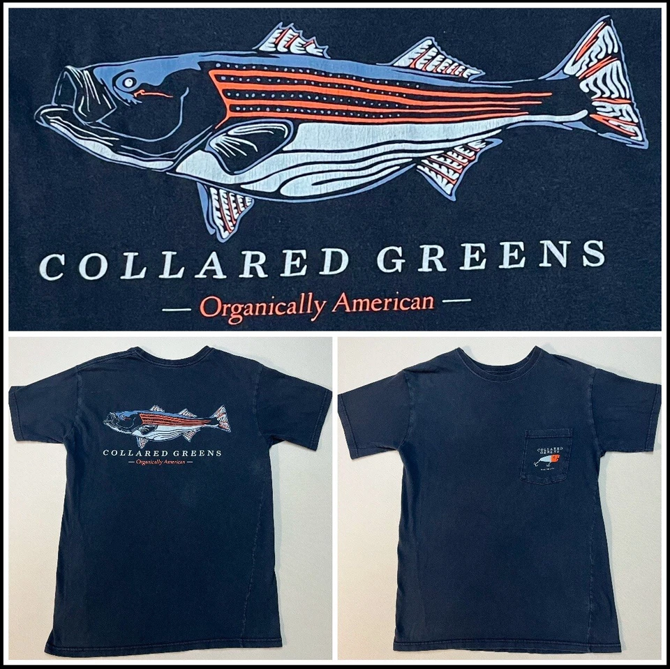 Camiseta Cuello Verde EE. UU. Striper Orgánicamente Americana Bolsillo 2 Caras Talla L Usada en Excelente Condición Foto 1 de 4