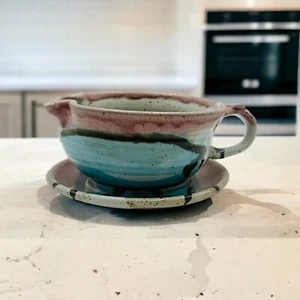 Hand Thrown Pottery Gravy Boat / Creamer Handle 6.5-7.5” Modern Abstract - Picture 1 of 13