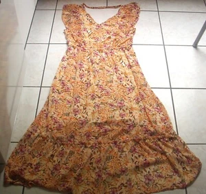 fröhlich bunt gemustertes langes Kleid mit V-Ausschnitt + Taillengummizug Gr.M/L - Bild 1 von 11
