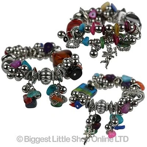 NEW Ladies Girls Chunky Colourful Charm BRACELET Stretchy Round Silver Bright - Picture 1 of 5