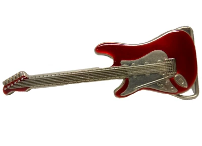 Rockabilly BELT BUCKLE Red Enamel on Silver Metal Rock &Roll Electric Guitar 5"L - Image 1 of 4