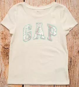 Girls Sz S (6-7) Gap Kids Sequin Logo T Shirt S/S NWT Off White - 546045 (7ah11) - Picture 1 of 3