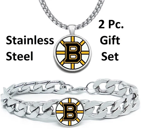 LARGE Boston Bruins Mens 2 Pc Gift Set Hockey  Necklace With Bracelet D4D30 Cover