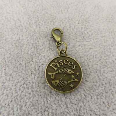 PISCES Zodiac Sign Charm Zipper Pull Keychain Add On Clip Antique Bronze Tone - Image 1 of 4