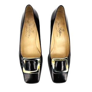 Womens 9.5 M Joan Helpern Signature Square Toe Buckle Brown Leather Heels - Picture 1 of 11