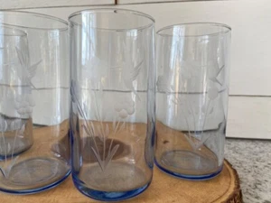 4 Vintage Anchor Hocking geätzte Blumen Saft Wasser Gläser Set, hell Eisblau - Bild 1 von 10