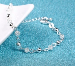 2Pc.Lot 925 Sterling Silver Chain Beaded Adjustable Anklet Ankle Bracelet D578 - Picture 1 of 6