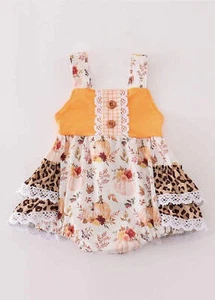 Girl's Boutique Orange Pumpkin Leopard Bubble Romper Fall Thanksgiving Sibling M - Picture 1 of 11