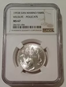 San Marino 1993 R Silver 500 Lire Wildlife - Polecats MS67 NGC - Picture 1 of 2