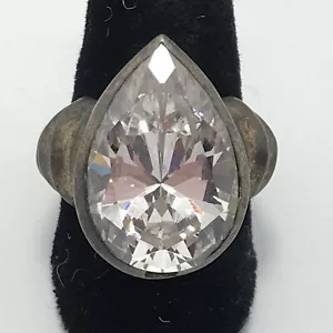 Vintage Sterling Silver & Large Teardrop Cut Cubic Zirconia Bold Ring sz 6.5 - Picture 1 of 12