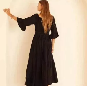 SILK Natalie Martin Mesa Maxi Dress Black Large Goth 16 Long Bell Sleeves Scoop - Picture 1 of 6
