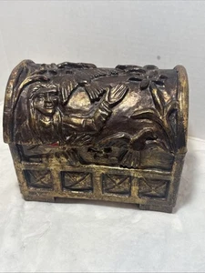 GILT GOLD & RED PAINTED TREASURE BOX/CASKET With Felt— 7 x 8 x 5 1/2” - Picture 1 of 15