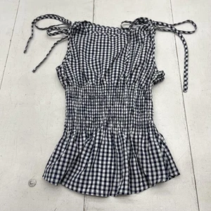 Gingham Smocked Peplum Tank Top Womens Large Navy White Tie Shoulder Sleeveless - Picture 1 of 8